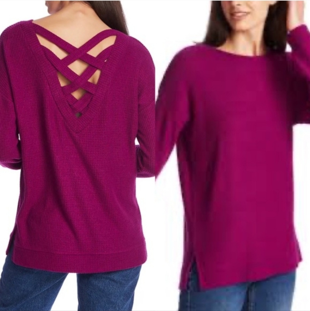 1.State Purple Lattice V-Back Waffle Weave Sweater Sz S